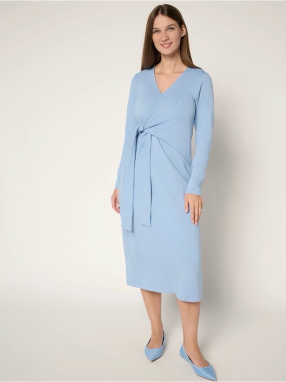 Blue French Terry v-neck tie waist long sleeve midi dress